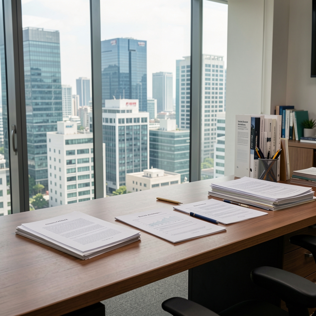 Editorial desk with research papers and a view toward Seoul office buildings