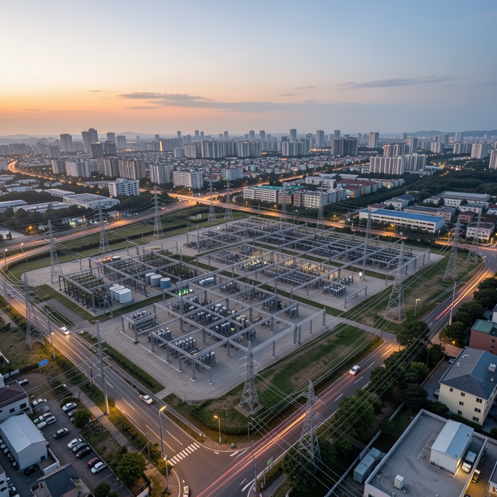 Aerial view of Seoul energy infrastructure and city power lines at dusk