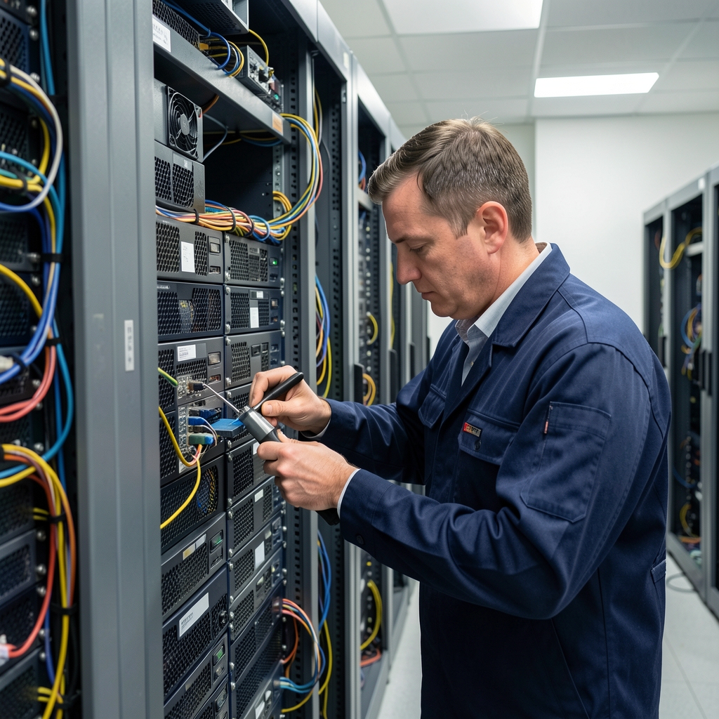 Engineer performing careful maintenance on organized computing equipment in a server room