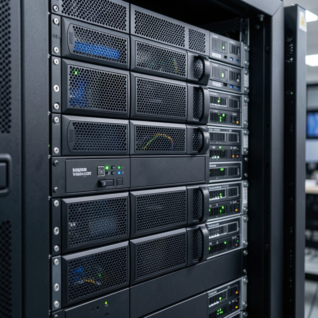 Close view of a secure server rack used for blockchain validator operations