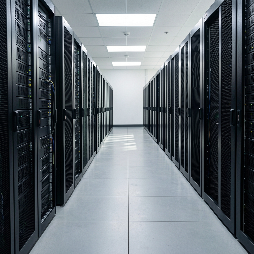 Organized rows of computing hardware with airflow spacing in a professional server room