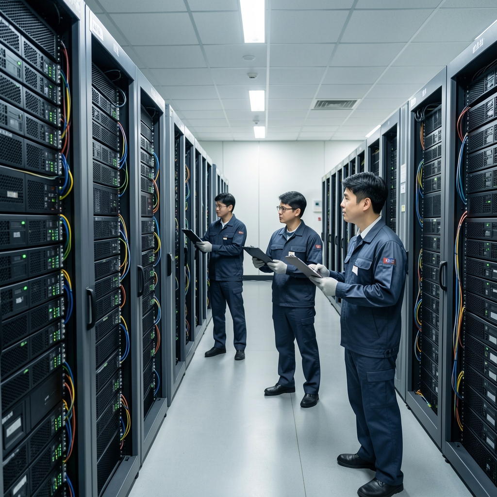 Technicians reviewing rows of digital asset mining servers in a cool Seoul data facility