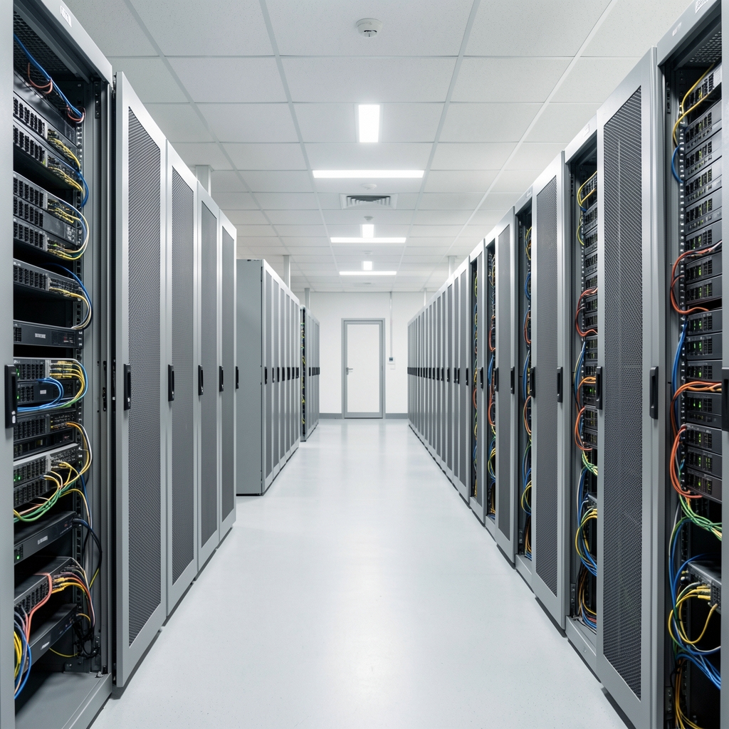 Fiber network cabinets and redundant switches arranged in an orderly data center aisle