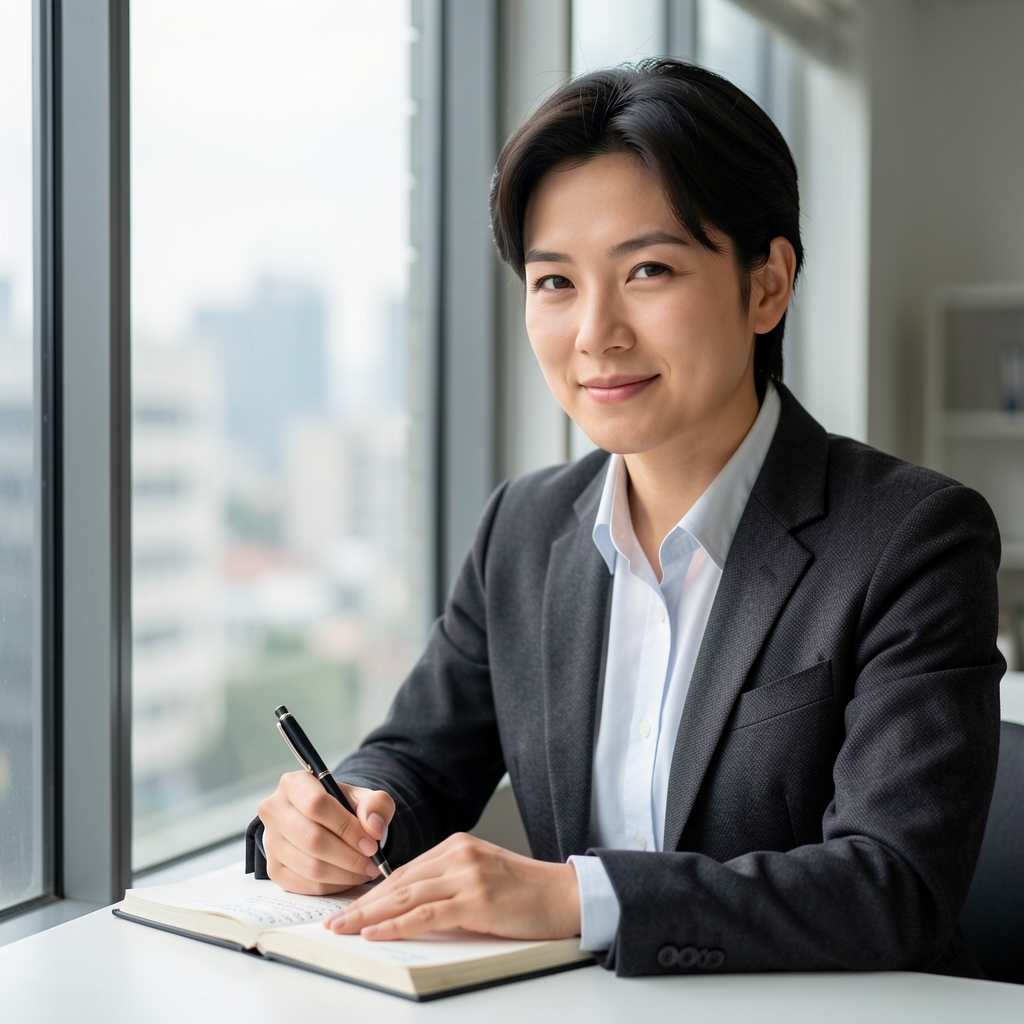 Editorial researcher taking notes beside a window overlooking Seoul
