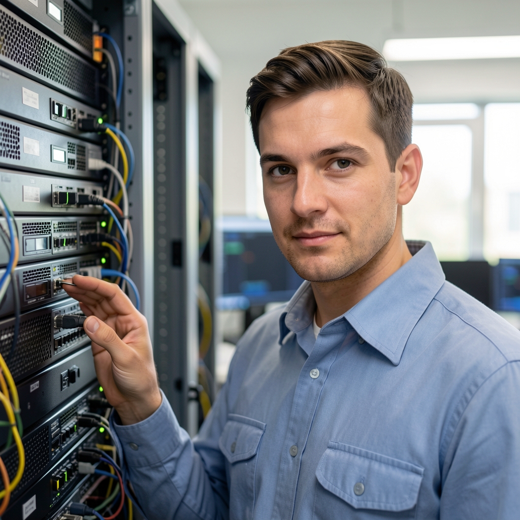 Infrastructure engineer examining network equipment in a softly lit operations room