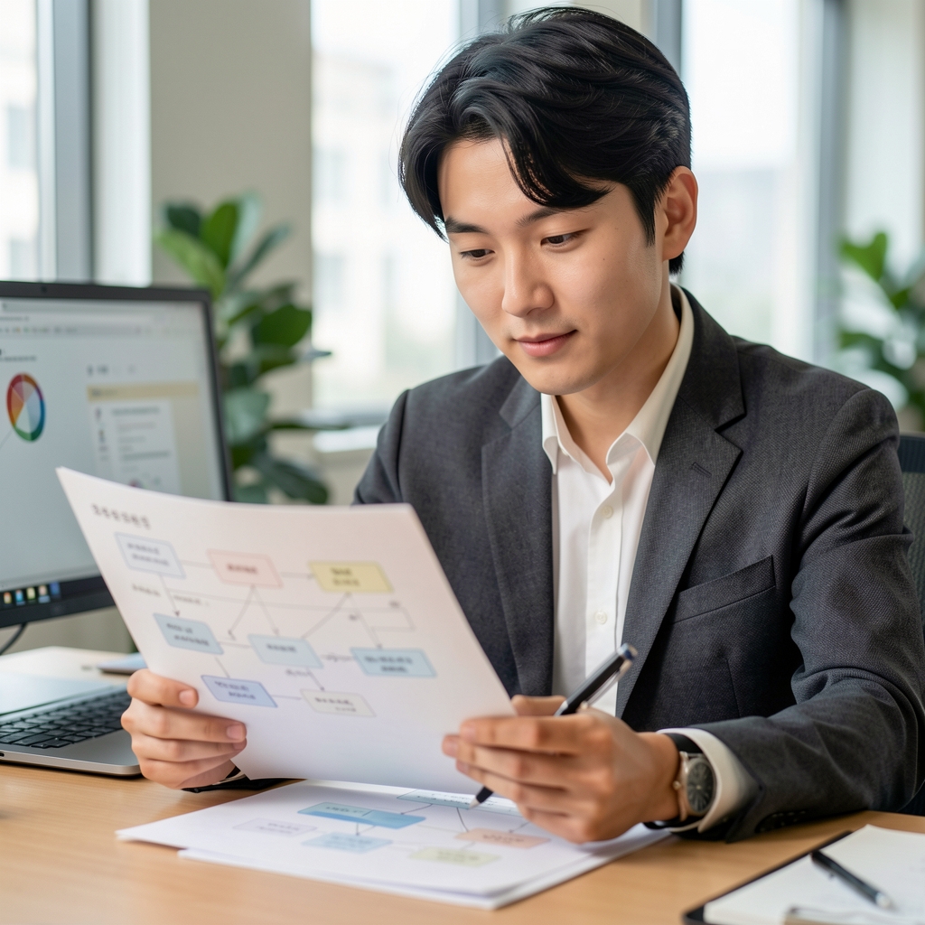 Reviewer comparing printed protocol diagrams and digital research notes at a Seoul office desk